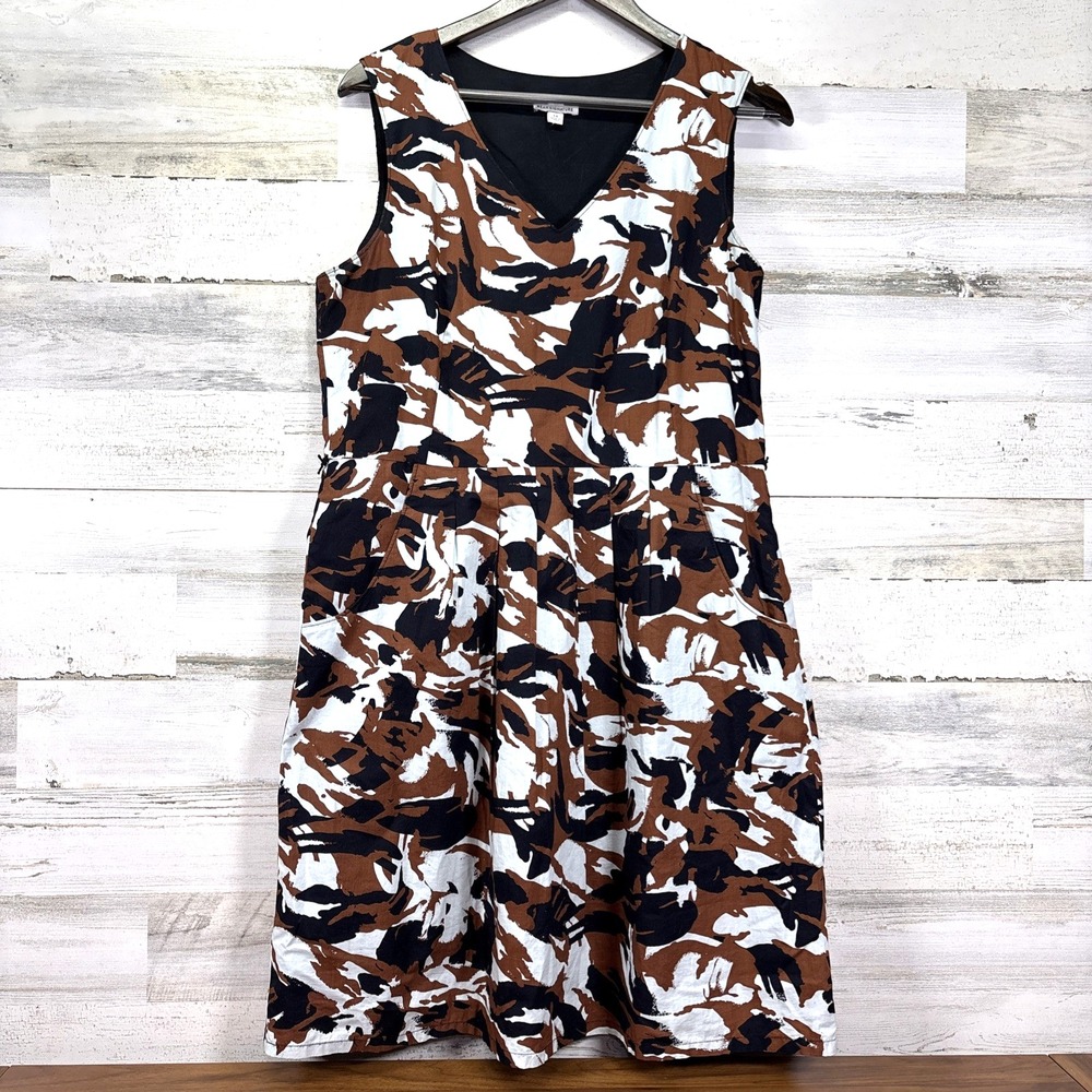 LL Bean White‎ Brown Black Signature V Neck Full Skirt Knee Length Tank Dress 14